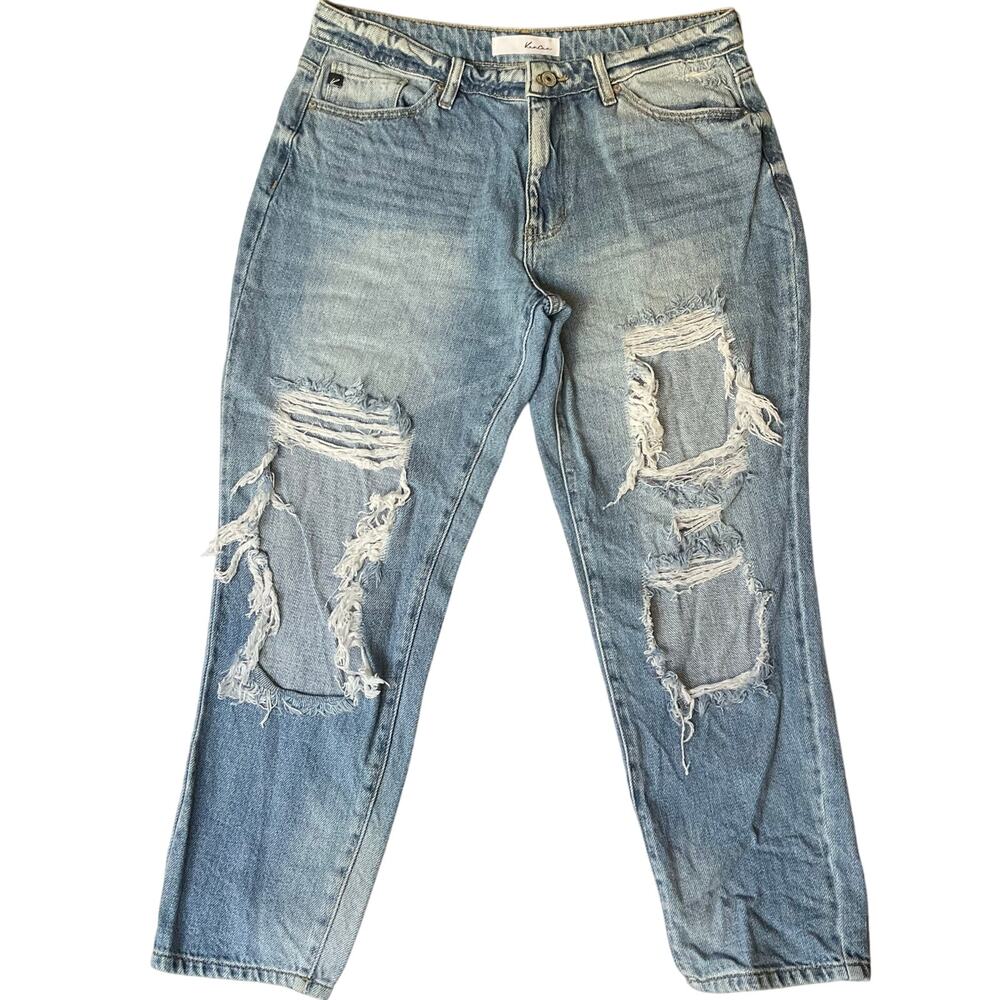 Kancan Women Jeans size 11 / 29 Blue Mid Rise Ripped Curvy Slim Fit Cropped